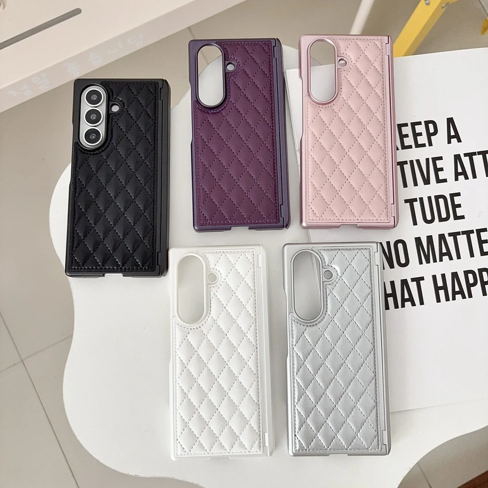 Luxury Grid Grain PU Leather Back Cover Case Fro Samsung Galaxy Z Fold 8 Ultra With Connection Hinge Hard Shell