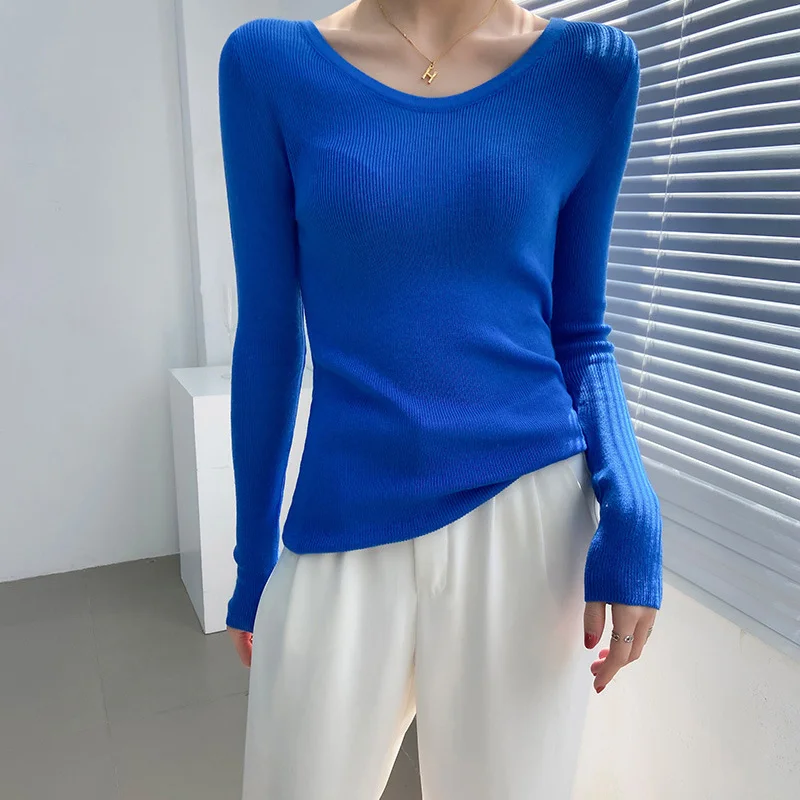 U-neck Base Shirts Women's Slim Fit Long Sleeved Sweater Sexy Collarbone Slightly Transparent Jumpers Europe American Supermodel