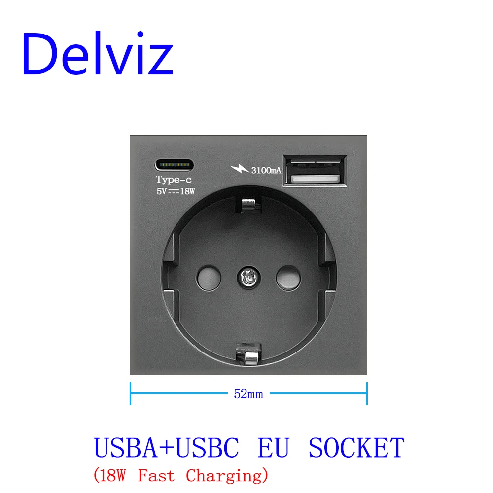 Delviz Wall Light 2 Way Switch,Tempered Glass Panel,USB Fast charging, Electric plug triple Outlet, USB C DIY Combined EU Socket - Image 4