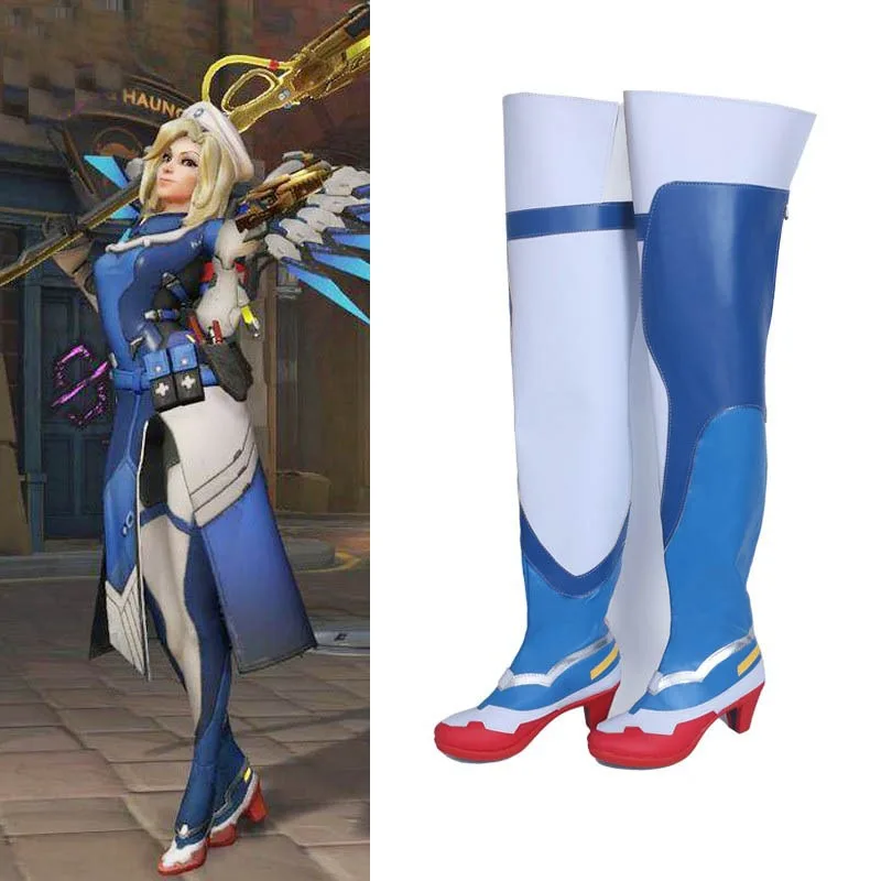 Game OW Mercy Angela Ziegler Cosplay Shoes Halloween Carnival Shoes Overknee Boots Game Cosplay Props Custom Made