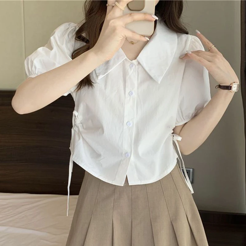 Y2K Women Blue Shirt Korean Sweet Preppy Style Bandage Short Sleeve Female Blouse Summer Turn Down Collar Ladies Crop Top