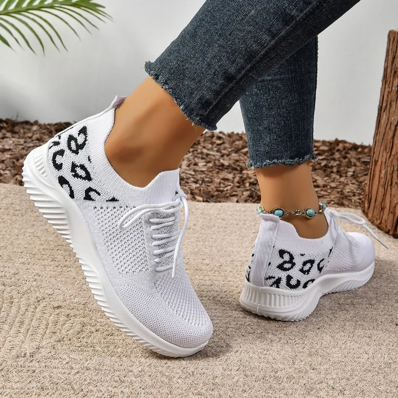 Ladies Shoes 2024 Brand Lace-up Women's Vulcanize Shoes Fashion Leopard Print Ladies Casual Shoes New Round Head Mesh Sneakers