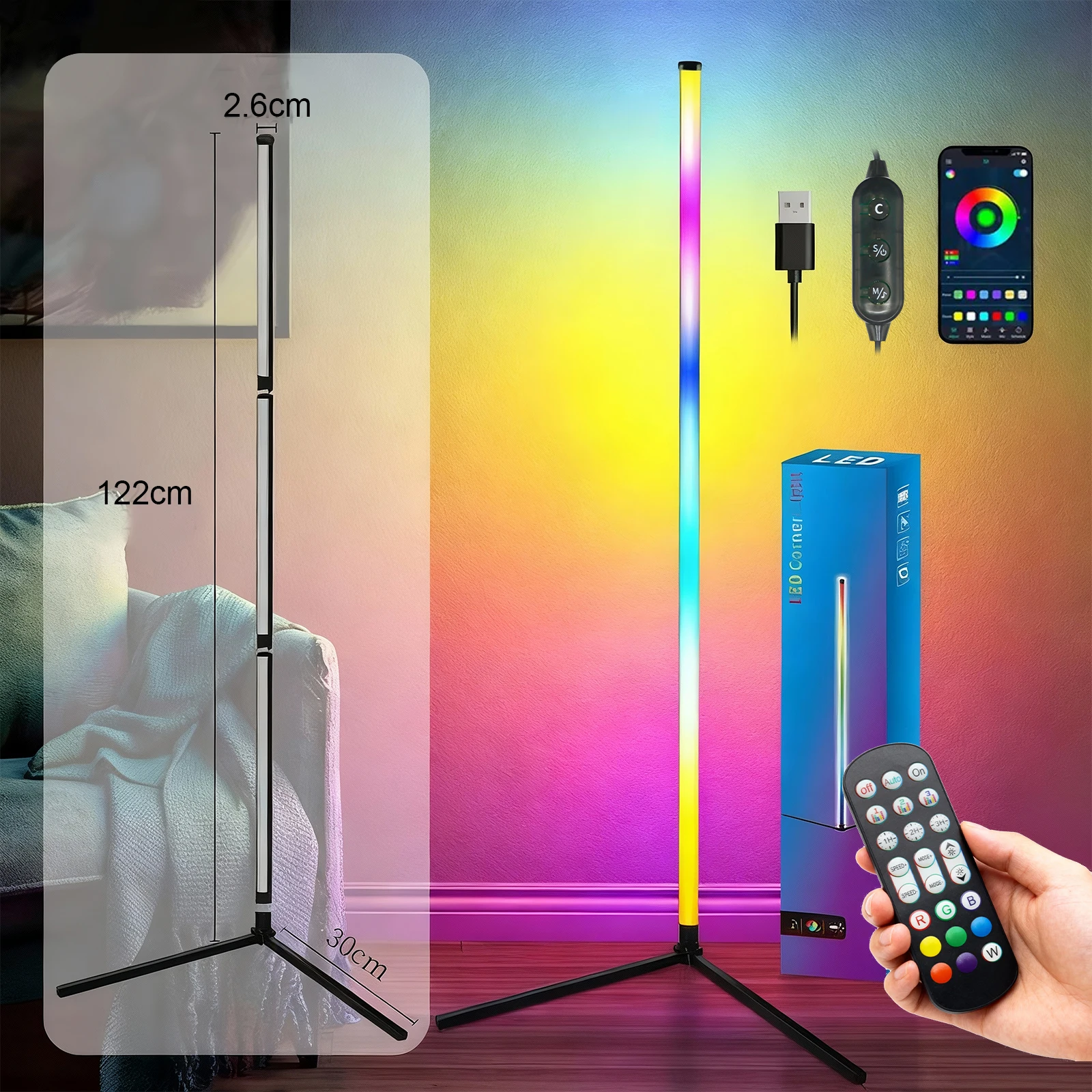 5V Smart RGBW LED Floor Lamp Bluetooth App 24key Remote Control Music Sync Dimmer for Bedroom Corner Lighting 122cm USB Powered