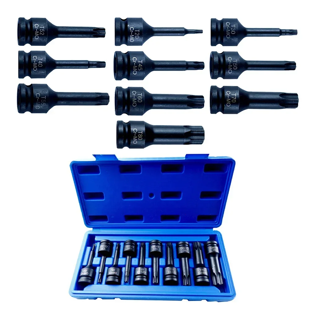 10pcs/kit 1/2 Inch Drive Torx Star Bit Socket Sets T20-T80 Socket Bits Set Replacement Parts Tools With Box