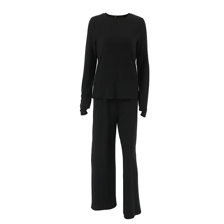 Women's Solid Color Long Sleeve Casual Wide-leg Trousers Fashion Suit Women's Bottoming Home Clothes Tops Trousers Two-piece Set