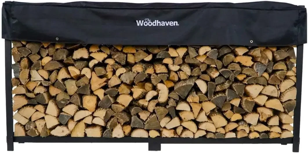 10 Foot Black Firewood Log Rack With Optional Seasoning Cover - Made In The USA - Lifetime Structural Warranty - Steel Outdoor