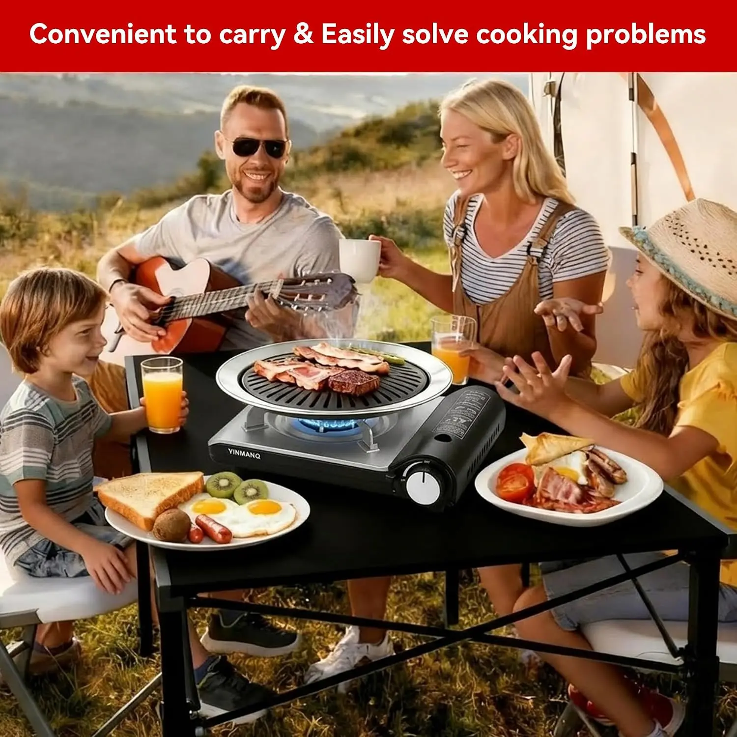 Portable Butane Stove and Detachable Grill Pan Combo with Safety Auto-Eject, Suitcase-Style Design for Picnics
