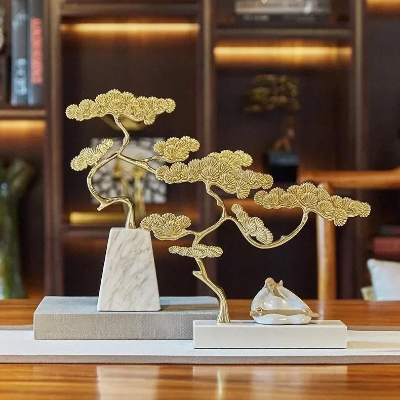 Marble Base Brass Welcoming Pine Furnishing Crafts Home Study Room Fengshui Ornaments Company Office Store Sculpture Decoration