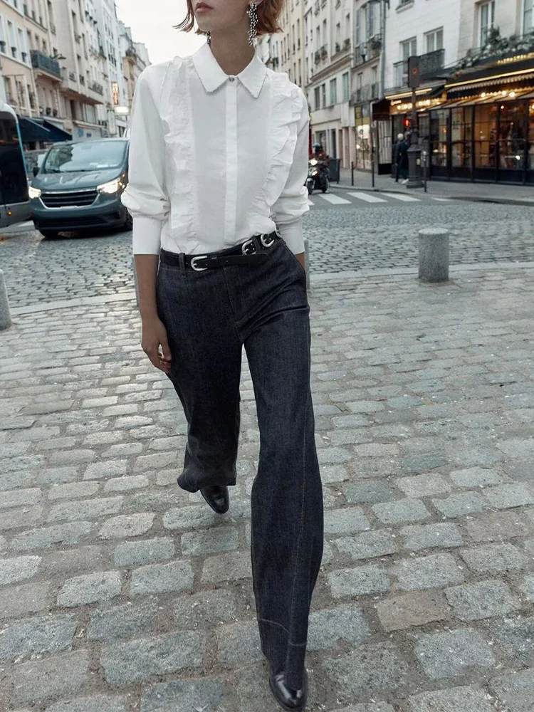 Nouvelle chemise en popeline à col à manches longues de couleur unie pour femmes de style européen à la mode et polyvalente avec embellissements de perles.