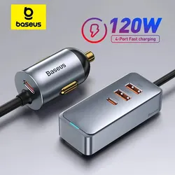 Baseus 120W 4-portowa ładowarka samochodowa PD Szybka ładowarka QC 3.0 PD 3.0 Do iPhone 14 13 12 Samsung Ładowarka USB typu C Ładowarka do telefonu USB