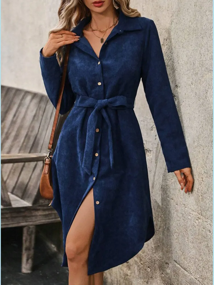 جديد الصلبة مع حزام سروال قصير كم طويل فستان الشتاء مكتب حفلة زر مفتوح منتصف طول تنورة أنيقة الخريف الملابس النسائية