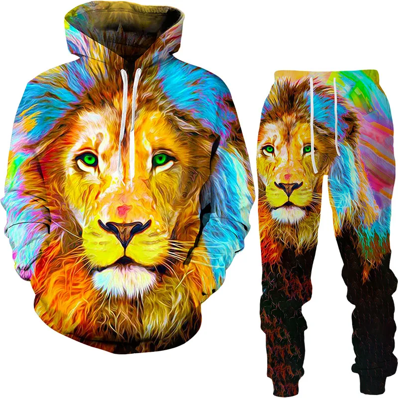 Autumn Tracksuit Men\'s Digital 3D Lion King Print Men\'s Hoodie Long-Sleeved Sweater + Pants Sets Men\'s Sportswear Men\'s Suit