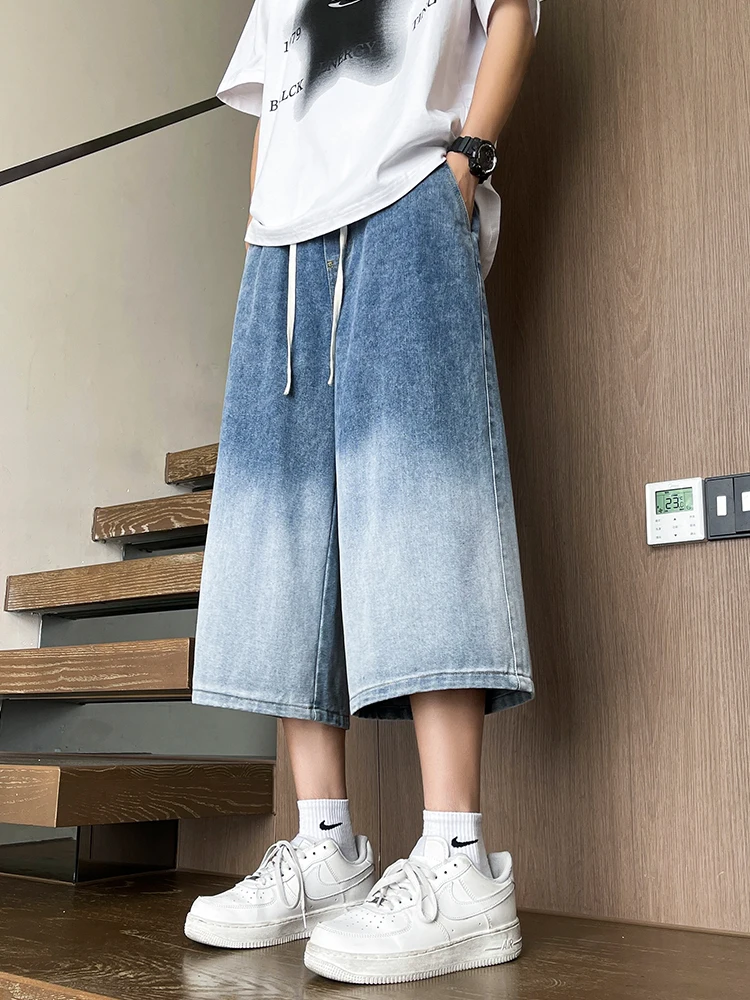 Waed adient Blue Jeans Men's Loose Wide Leg High Street American Retro Knee-Length orts Summer Casual Cotton Blend