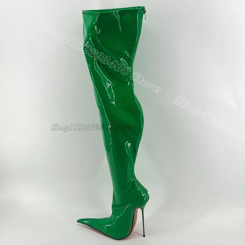 Green Pointed Toe Metal Heels Boots Elastic Side Zipper British Style Fashion Women Spring Party Dress Boots Zapatos Para Mujere