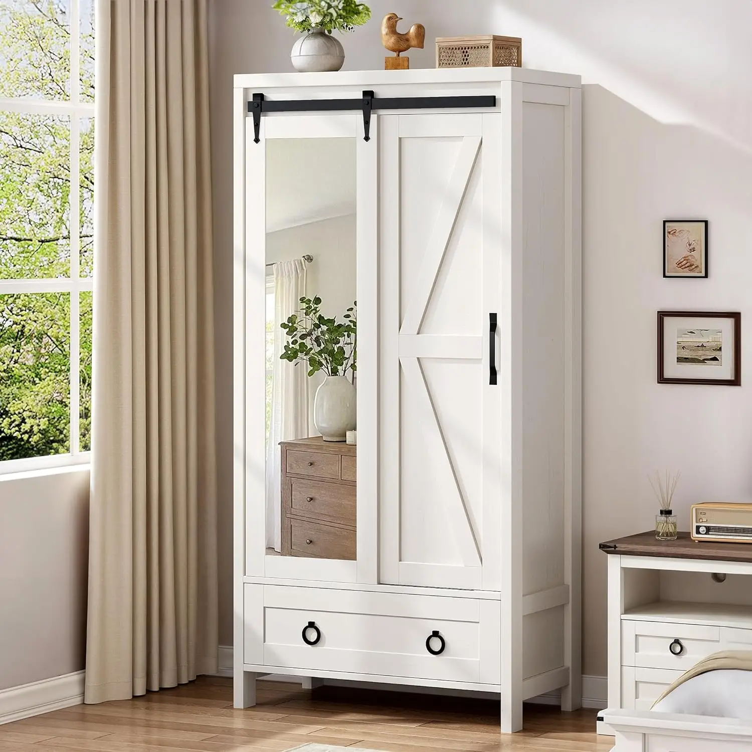 Tall Storage Cabinet w/ Full Mirror, Bathroom Cabinets Storage Cabinet w/ Doors & Drawers, Kitchen Pantry Cabinet, White Oak