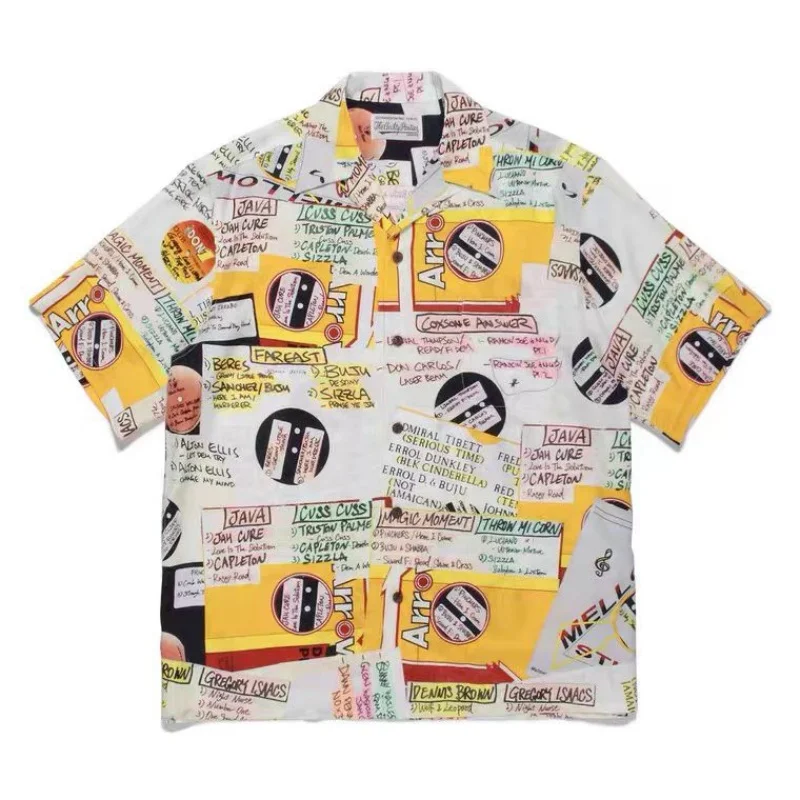 WACKO MARIA Yellow Newspaper Full Print Summer Brand Short Sleeve Shirt Trendy Holiday Clothing