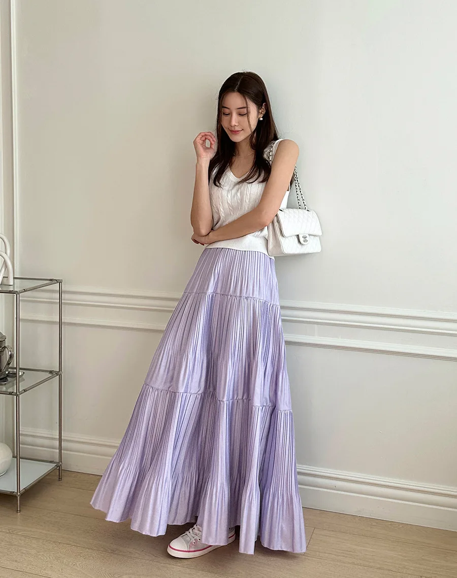 DSMTRC Holiday Oversized Loose Blue Floor-length Skirts for Female Holiday Dress Woman Casual Chic Solid Pleated Maxi Skirts