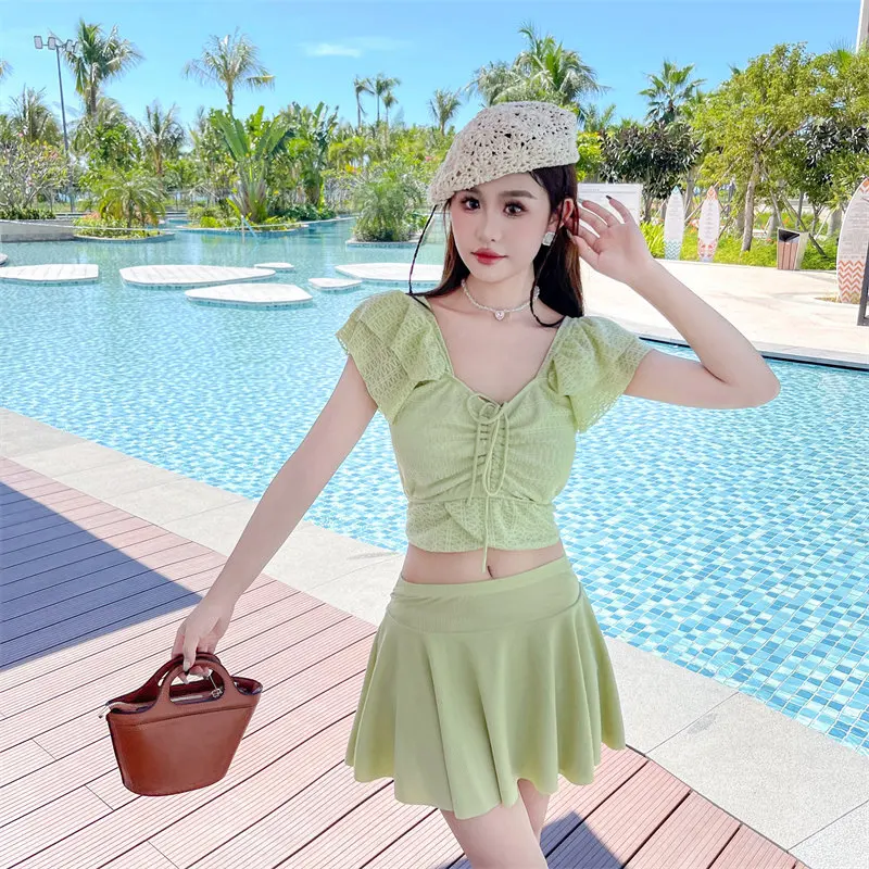 sexy Korean fashion conservative swimsuit two pieces ruffles short sleeve crop tops with pantskirt bikinis padded swimwear