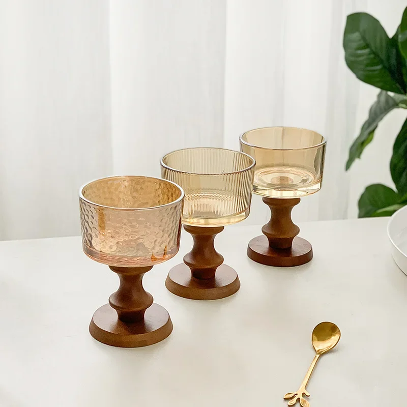 【Premium】French Dessert Bowl, Wooden High Legged Glass Pudding Bowl, Home Kitchen, Snacks, Mousse and Ice Cream Cup, 200ml