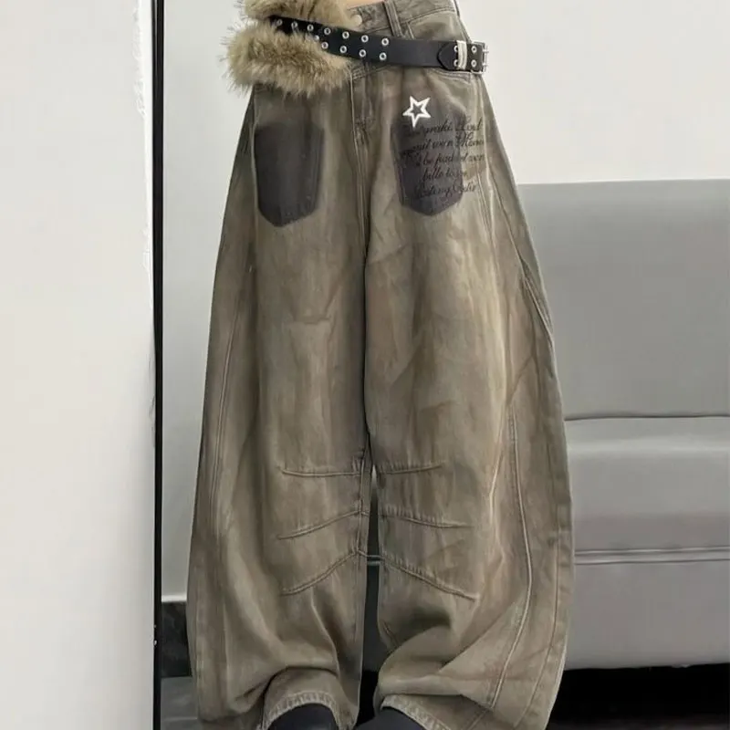 

Wasteland Style Tie Dye Vintage Jeans Baggy Wide Leg Women's Clothing High Street Trousers Star Printed Letter Denim Pants New
