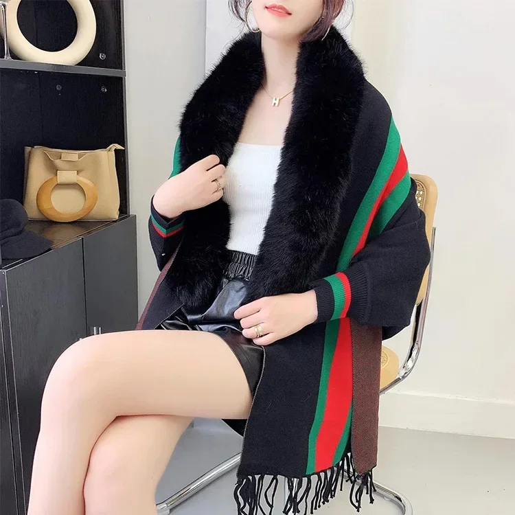 Autumn Winter New Imitation Wool Collar Knitted Shawl Women Warm Tassels Fashion Street Poncho Lady Capes Black Cloaks P5