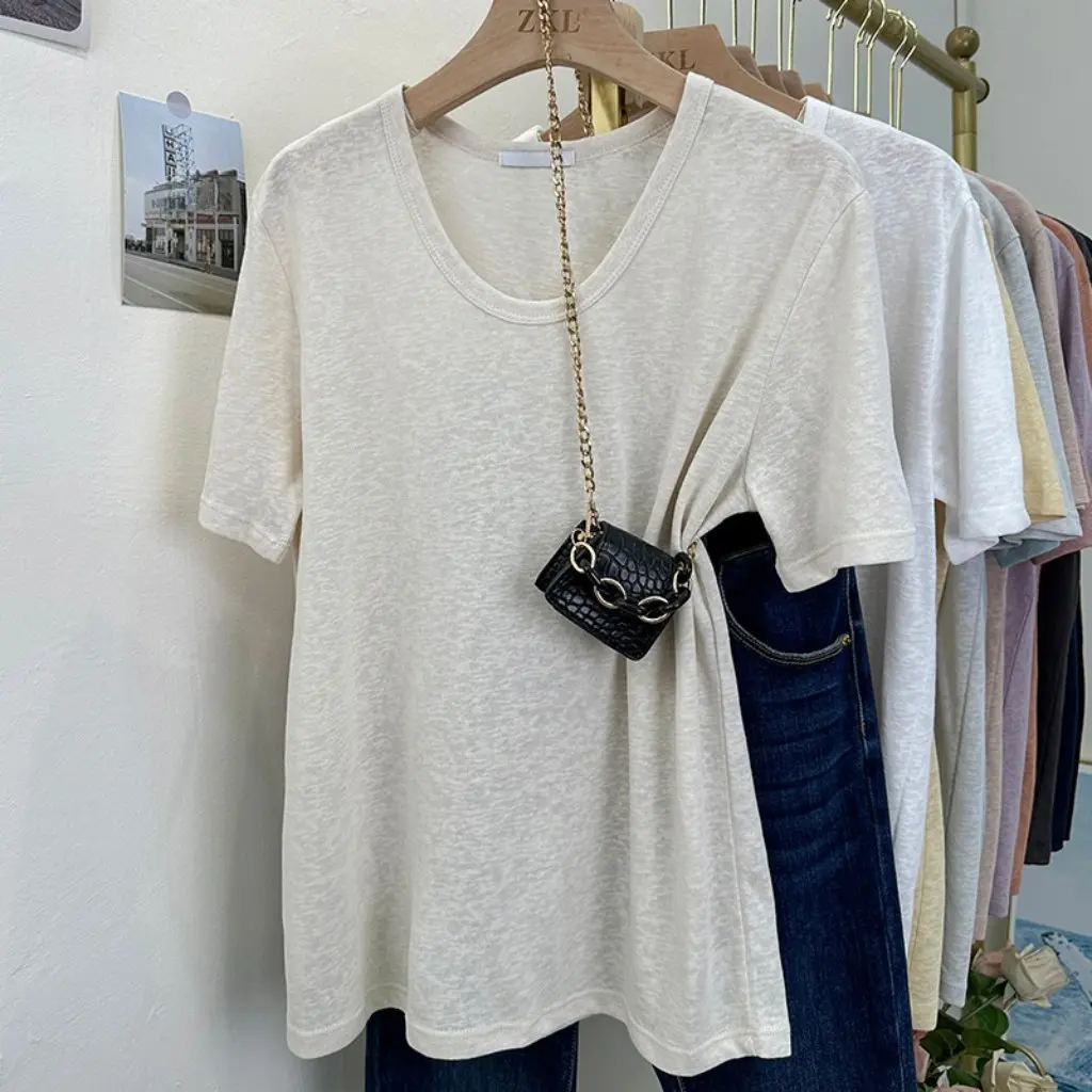 

Women's Slub Cotton Thin T-shirt Summer U-neck Casual Loose Fit Micro-transparent Breathable Top with Short Sleeves