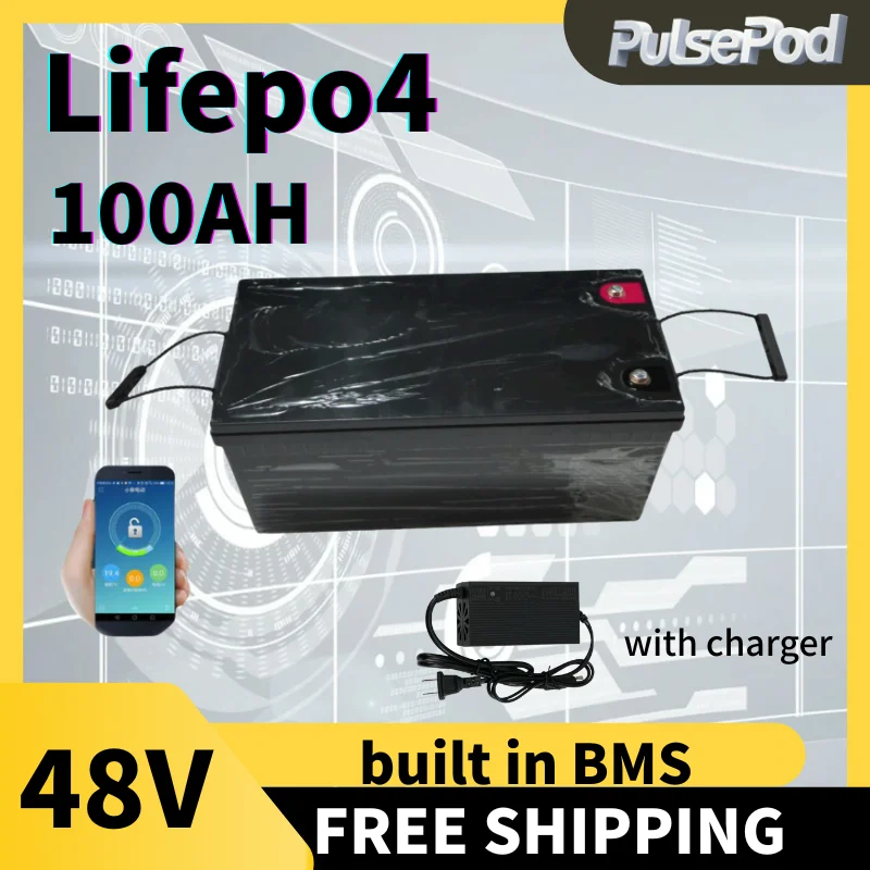 

Литиевая батарея PulsePod 48 В 100 Ач lifepo4 с BMS для инвертора тележки для гольфа, накопитель солнечной энергии, автофургонов, лодок, кемпингового оборудования