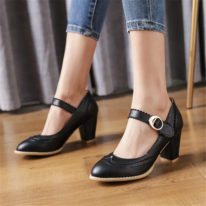2024 Fashion Womens Shoes Blue Pink Red Black Block Women Heels Mary Jane Party High Heel Shoes Plus Size 32-43 Pumps