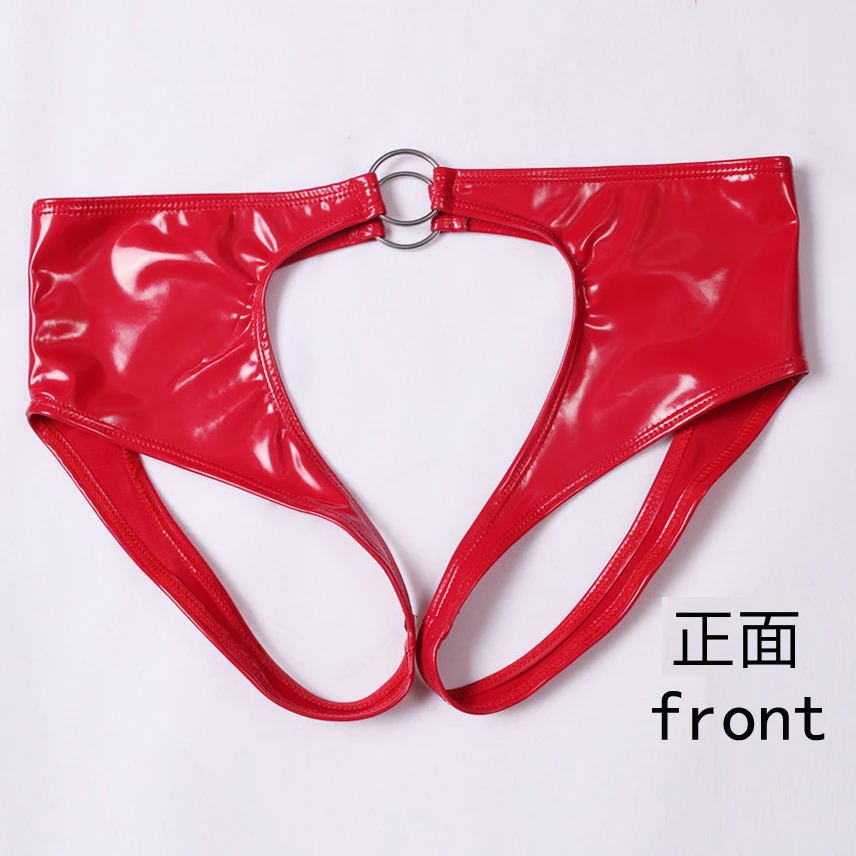 Men Shiny Faux PU Leather Briefs, Metal O‑Ring Cut‑Out Design Low Waist Underwear, Fashion Club Party Male Underpants Black Red