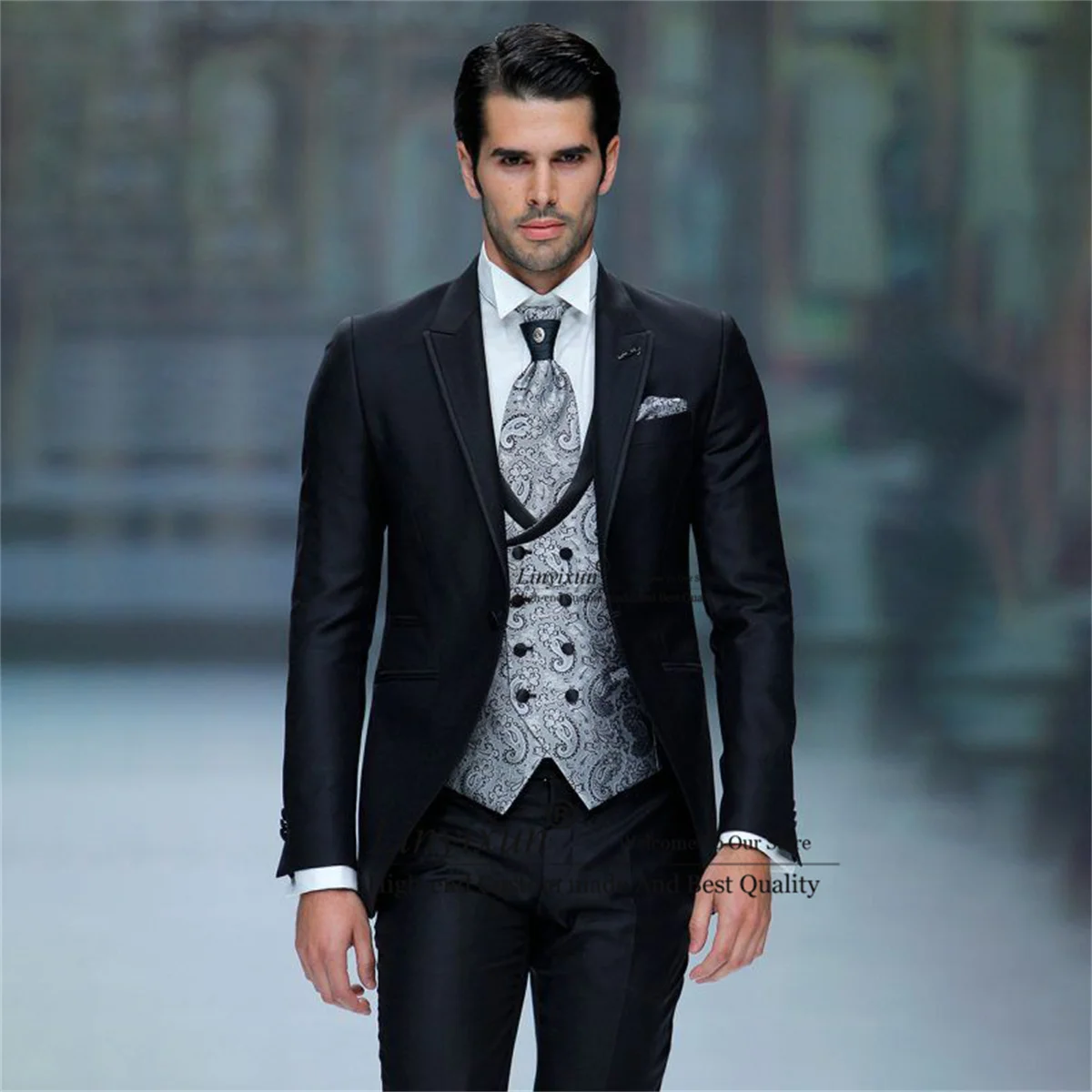 

Fashion Wedding Suits For Men Peak Lapel Groom Tuxedo 3 Pieces Set Male Prom Blazer Jacquard Waistcoat Terno Masculinos Completo