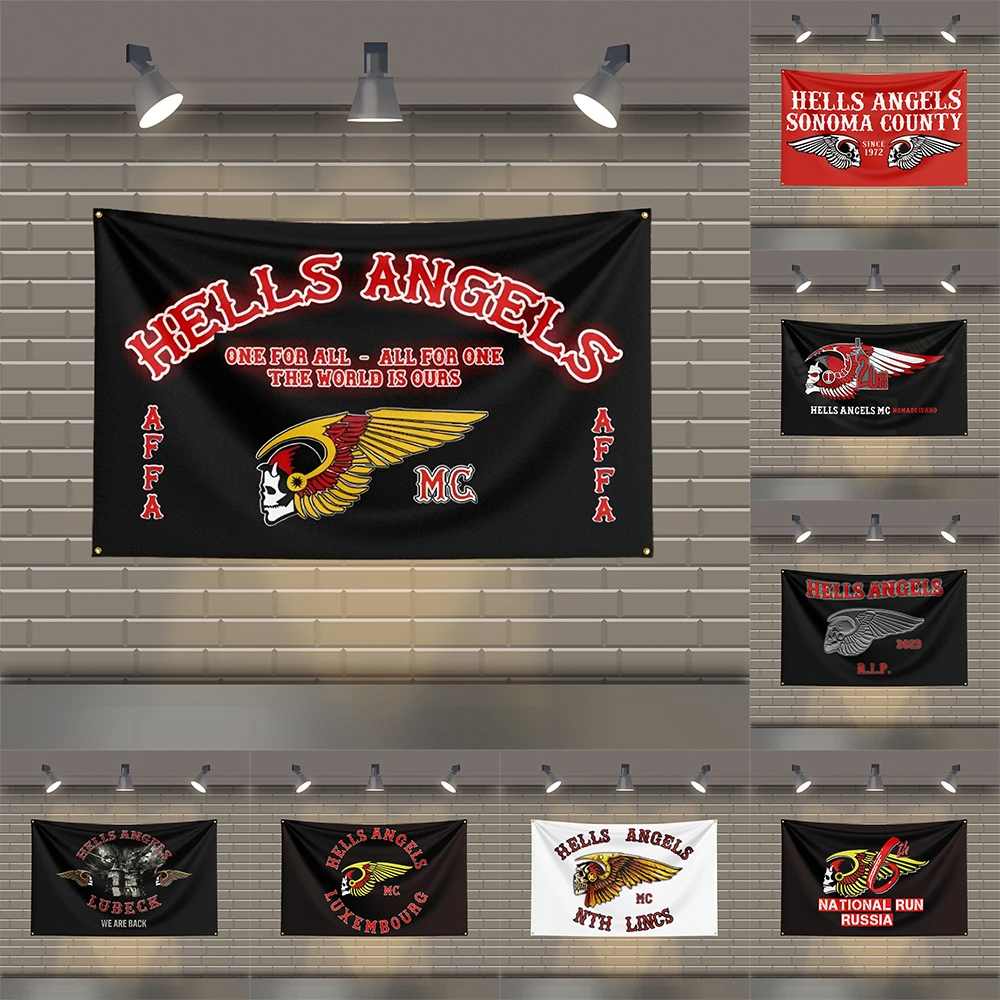 3x5 Ft Hells Angels Flag Polyester Printed Motorcycle Flags for Room Garage Decor