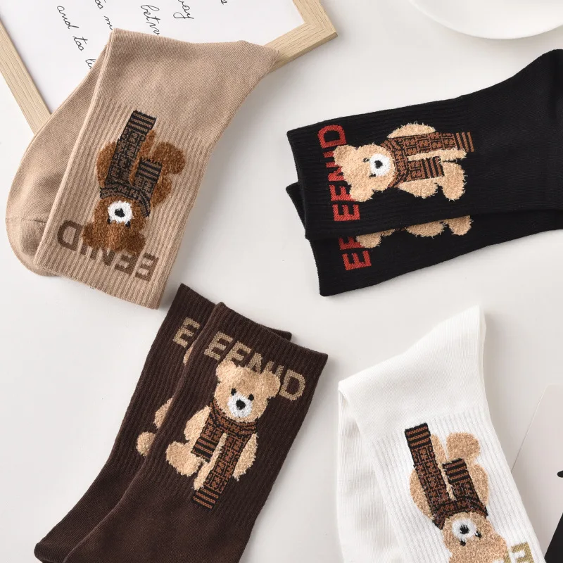 Spring Autumn Winter Cartoon Women\'S Socks Cotton Mid-Tube Cute Bear Print Trend Short Socks Comfortable Breathable Sports Socks
