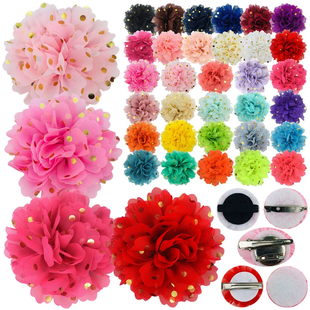

800 шт., оптовая продажа, 7 см, горячее тиснение, цветок в горошек, высококачественный шифон в горошек, очаровательный цветок для домашних животных, детский цветок на голову, 32 цвета
