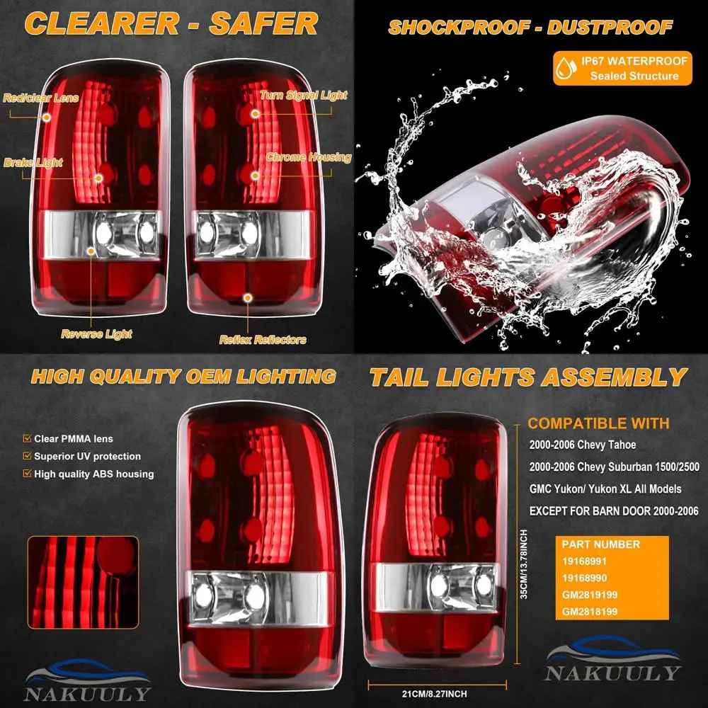 

Chevy Suburban 1500 2500 Tahoe GMC Yukon XL Denali 2000-2006 Tail Lights, Red Clear, Driver & Passenger Side, Without Bulbs & Ha