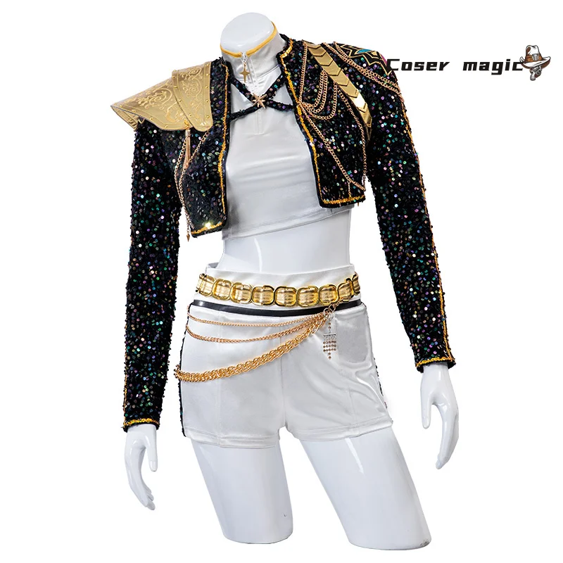 أزياء أنيمي KPop شيطان الصيادين رومي التأثيرية شعر مستعار الذهب الأسود المرحلة الزي هنتركس موحدة حفلة الهالوين النساء الفتيات كرنفال