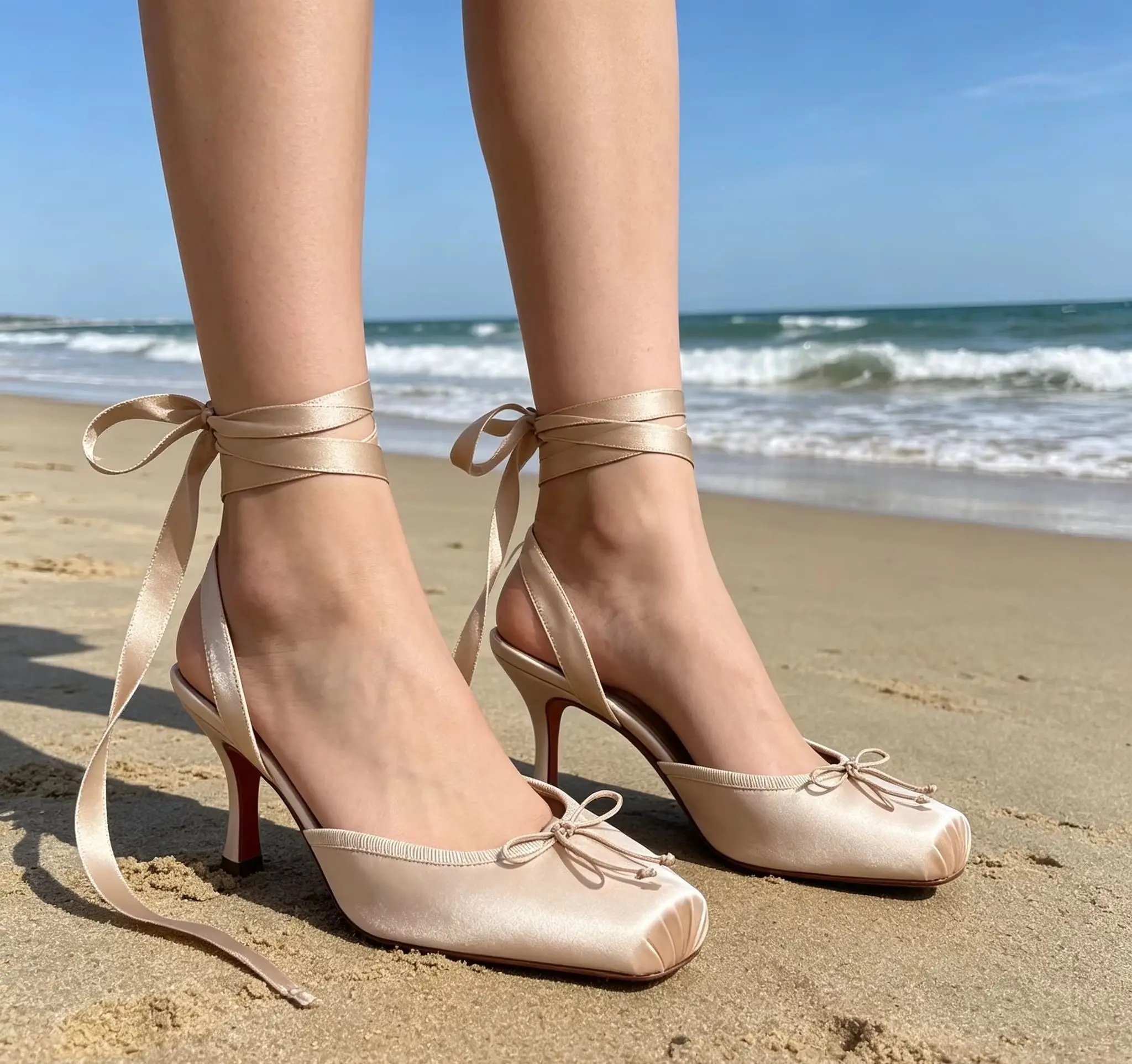 Nude Satin Lace Up Heels for Women, Square Toe Kitten Heel Sandals with Bow, Elegant Red Sole Slingback Pumps for Wedding Party view 2