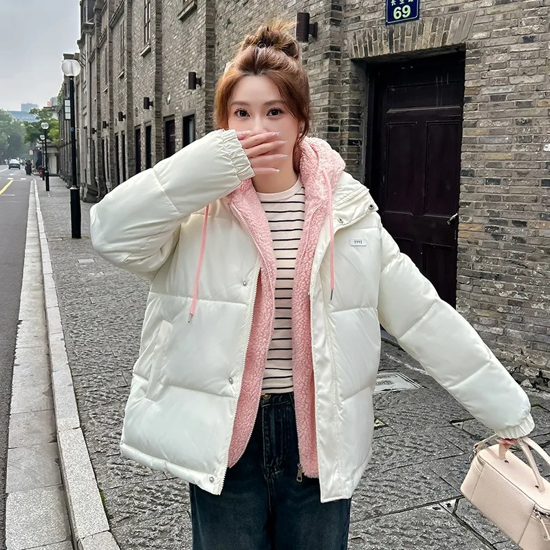 

Fake Two Pieces Patchwork Cotton-Padded Jacket Women'S Winter 2025 New Thick Hooded Quilted Coat Overcoat Korean Stype Preppy