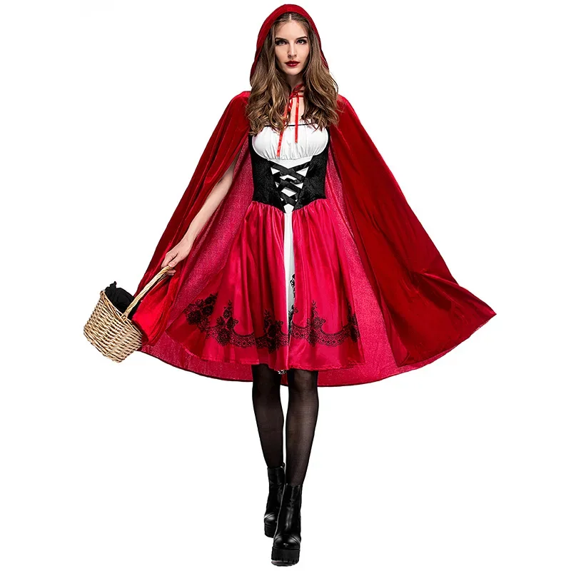 Little Red Riding Hood Outfit Costume Adult Women Halloween Cosplay Fancy Dress Hen Party Dress Cape Set Outfit