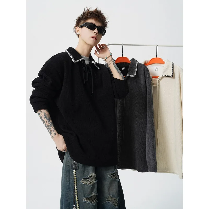 

New Arrival Men's Drawstring Gradient Polo Sweater Loose Casual Pullover for Spring Oversized Couple Clothing Vintage Sweatshirt