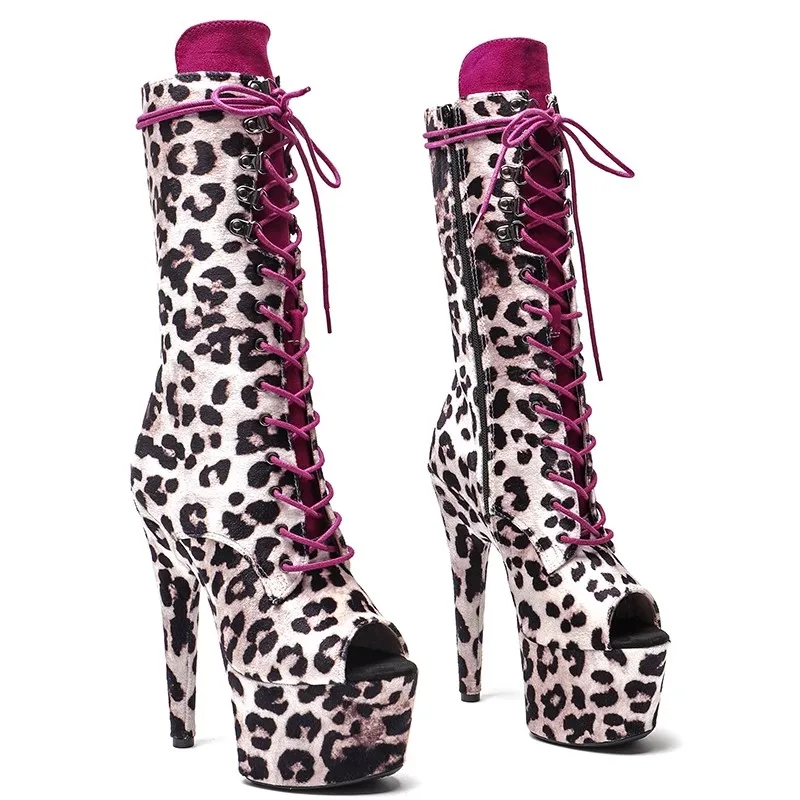 

Auman Ale New 17CM/7inches Leopard Upper Sexy Exotic High Heel Platform Party Women Mid-Calf Boots Pole Dance Shoes 234