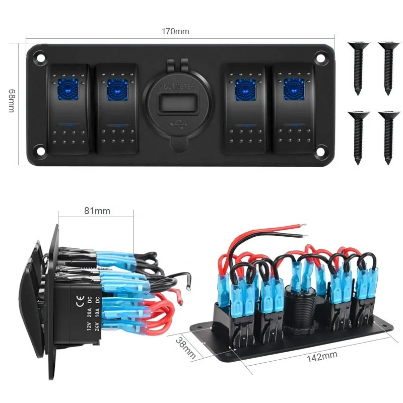 Voltímetro de Panel de 4 bandas, interruptor basculante de CC, resistente al agua, 12V-24V, con cargador USB Dual QC3.0 y Noche