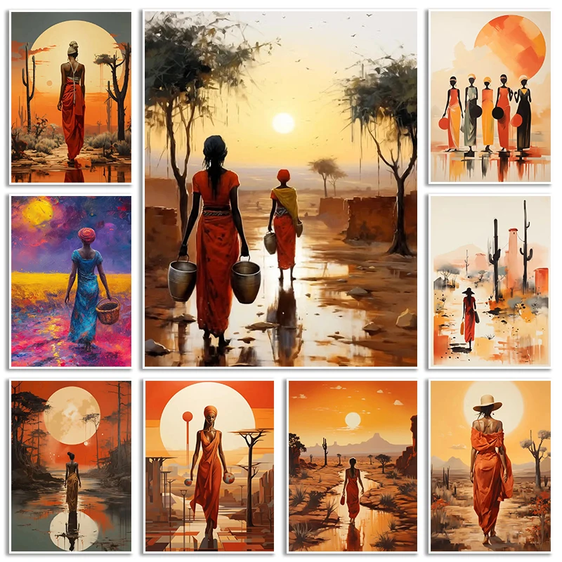 Classic African Women With Sun Canvas Painting Wall Art Poster Prints Elegant Female HD Pictures For Living Room Home Cafe Decor
