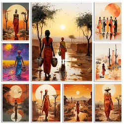Classic African Women With Sun Canvas Painting Wall Art Poster Prints Elegant Female HD Pictures For Living Room Home Cafe Decor