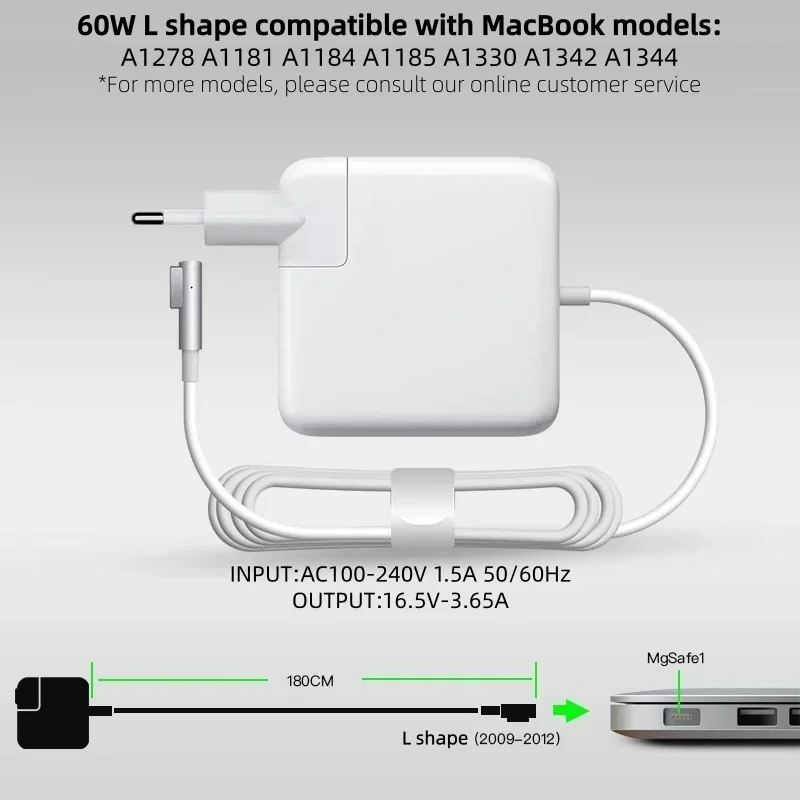 شاحن محول طاقة على شكل MagSafe بقدرة 60 وات، بديل لجهاز MacBook Air/Pro A1278 A1181 A1184 والمزيد من الموديلات، معتمد من CE FCC.