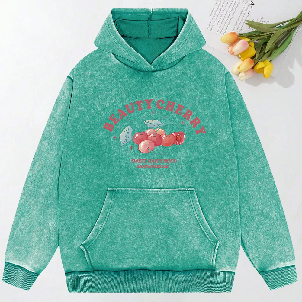 Beauty Cherry Art Letter Print Washed Hoody All-Match Oversized Hoodies Cotton Sportswear Couple Snow Wash Women Clothing