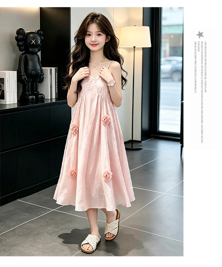 Elegante ärmellose Spaghettiträger-Kleider für Mädchen, Sommer-Urlaubskleidung, Strandkleid, Kinder-Blumen-Slip-Kleid, Schlafanzug – Detail 3