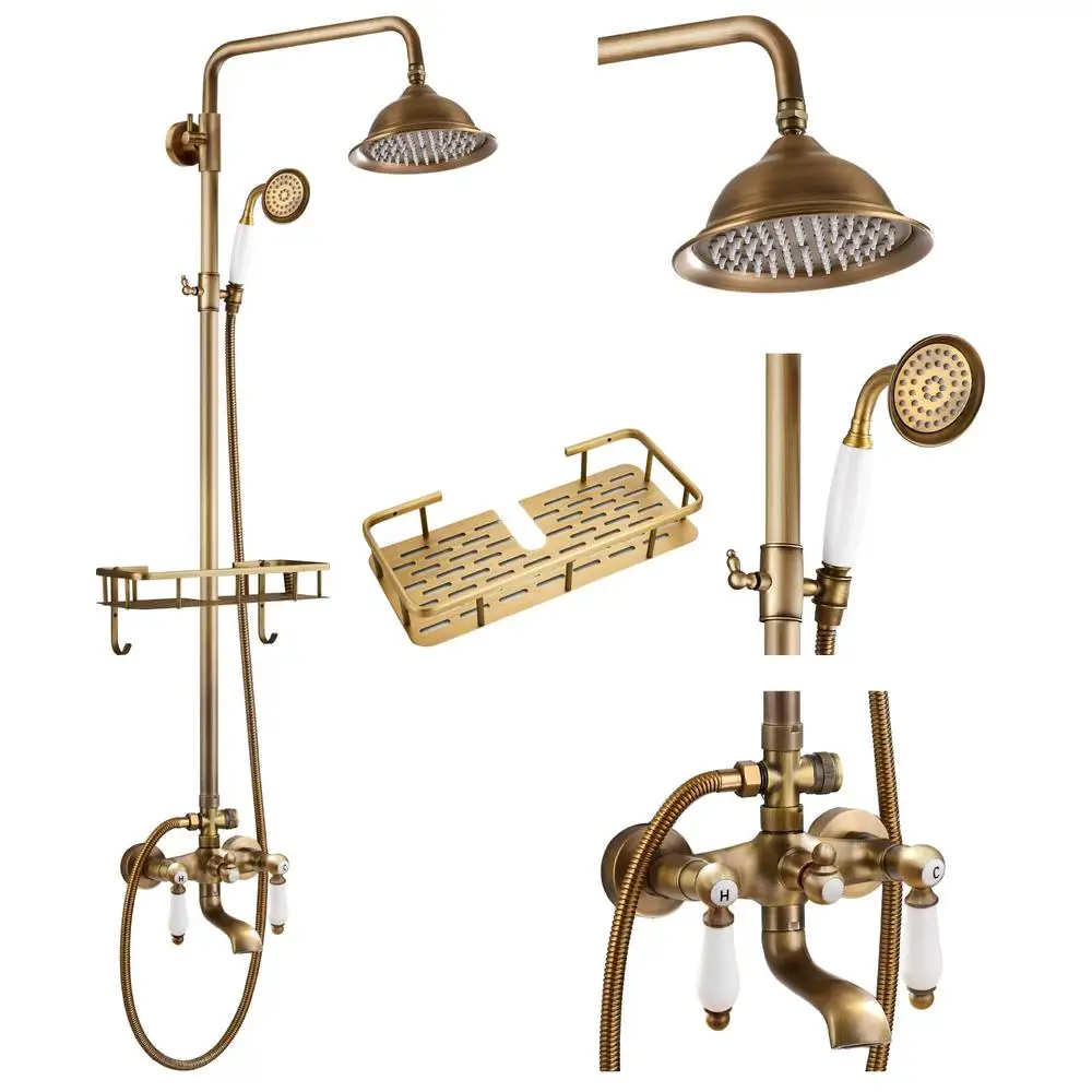 Antique Brass Wall Mounted Shower Faucet Double Lever Handles 8 inch Rain Shower Head Handheld Spray Tub Spout Swivel Shower