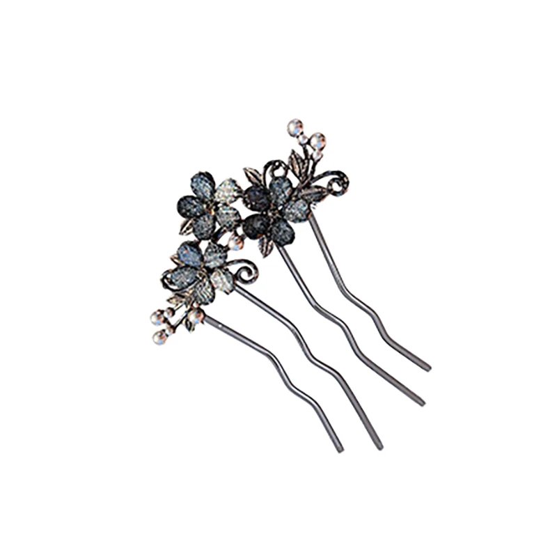 Chinese Ancient Style Exquisite Pearl Rhinestone Flower U-shaped Hair Comb Women Elegant Temperament Daily Metal Hairpin