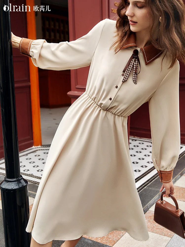 

OLrain Women's Autumn Midi Dresses 2025 Elegant Temperament Dress High Waist Contrasting Bow Long Sleeve Shirt Dress O21QL38125