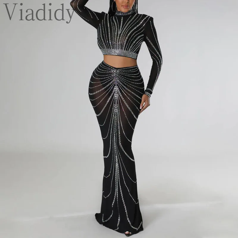 Women Sexy See Through Sheer Mesh Rhinestone Decor Long Sleeve Top and High Waist Mermaid Skirt 2pcs Set